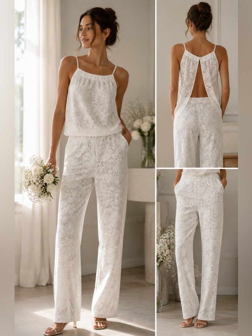 Women's White Lace Wide-Leg Wedding Pants